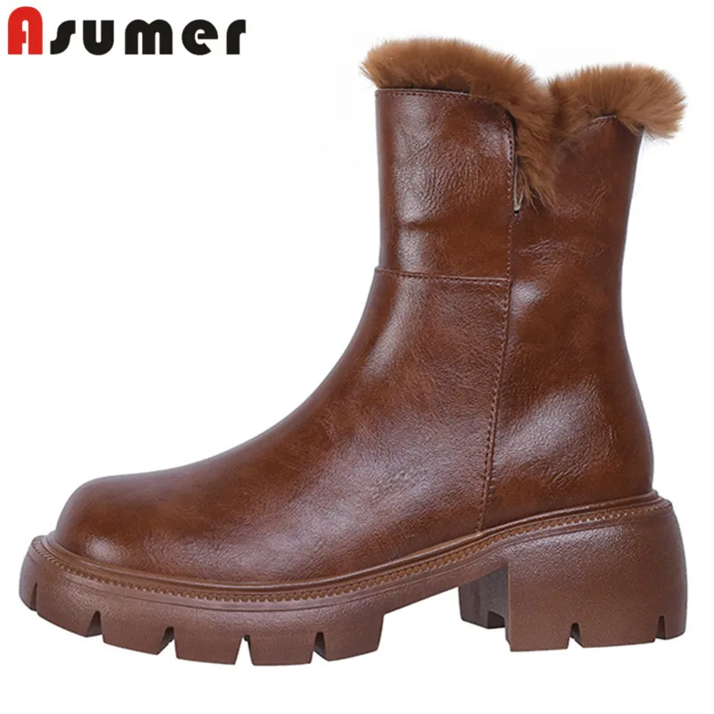 

ASUMER 2024 New Fashion Genuine Leather Snow Boots Platform Wool Blend Winter Boots Woman Zipper Ladies Ankle Boots