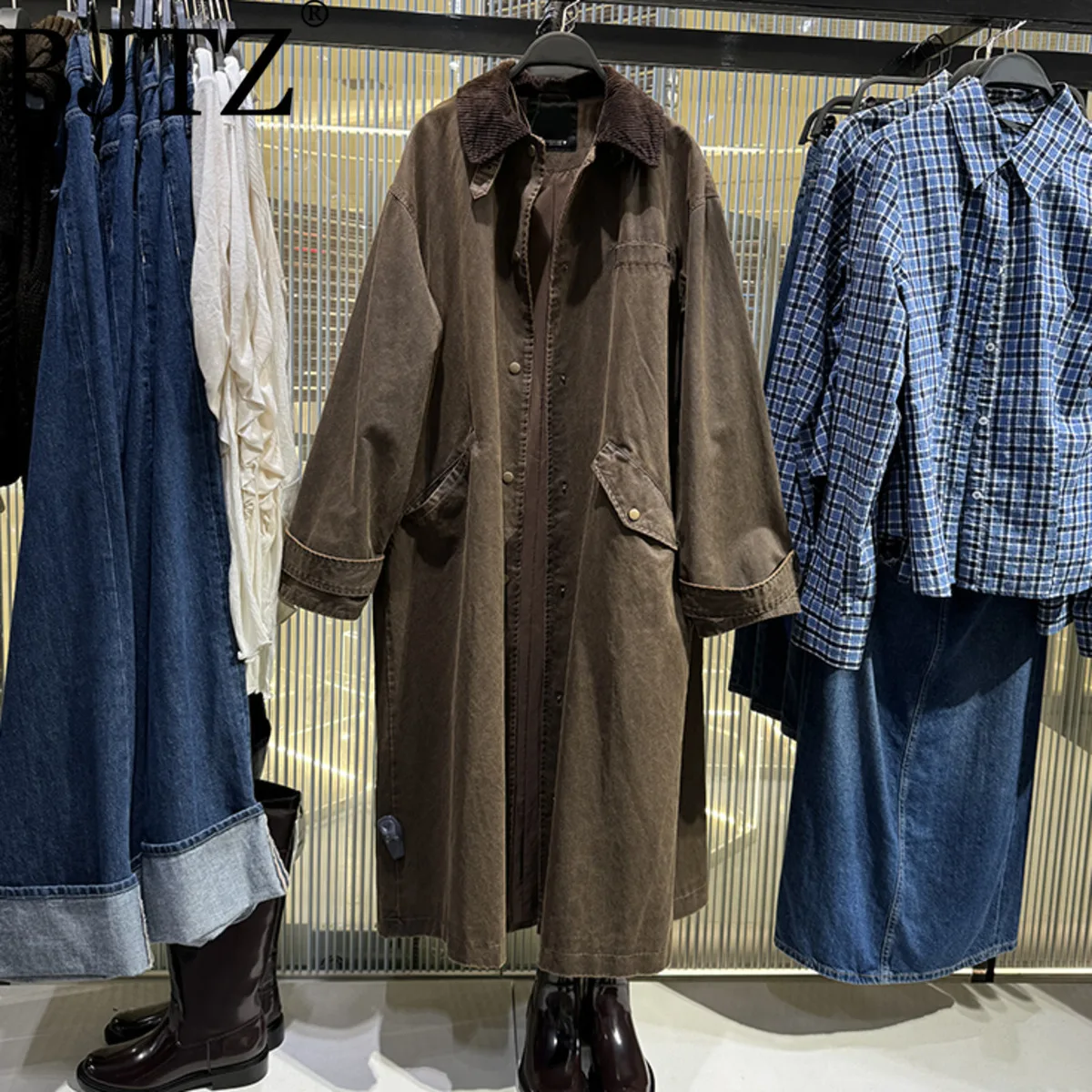 

BJTZ 2025 Autumn/Winter New Women's Clothing - Graceful And Loose Mahogany Wax Leather Mid-Length Coat Jacket