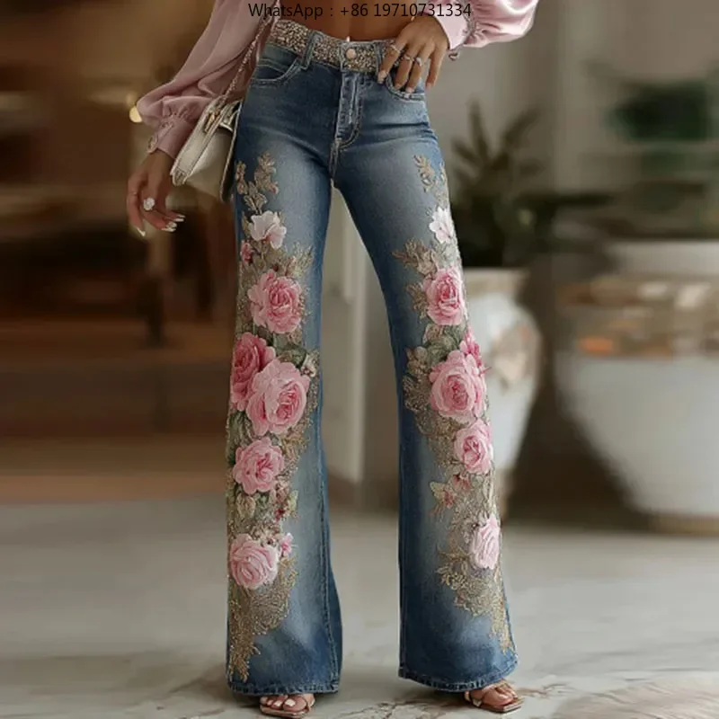 Retro Pink Rose Flower Print Women's Pants Spring Fashion High Waist Slim Imitation Jeans Autumn Pocket Street Straight Trousers