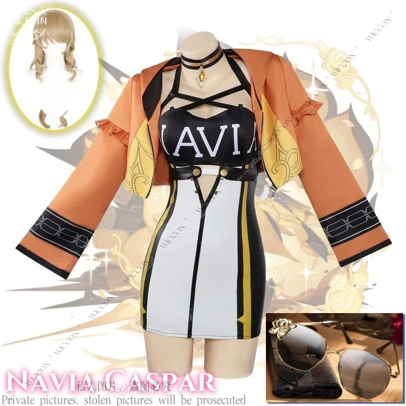 Caspar Navia Anime Game Genshin Impact Cosplay Costume Wig Glasses Angel of Rosula's Thorn Halloween Racing Suit Sexy Rose Gold