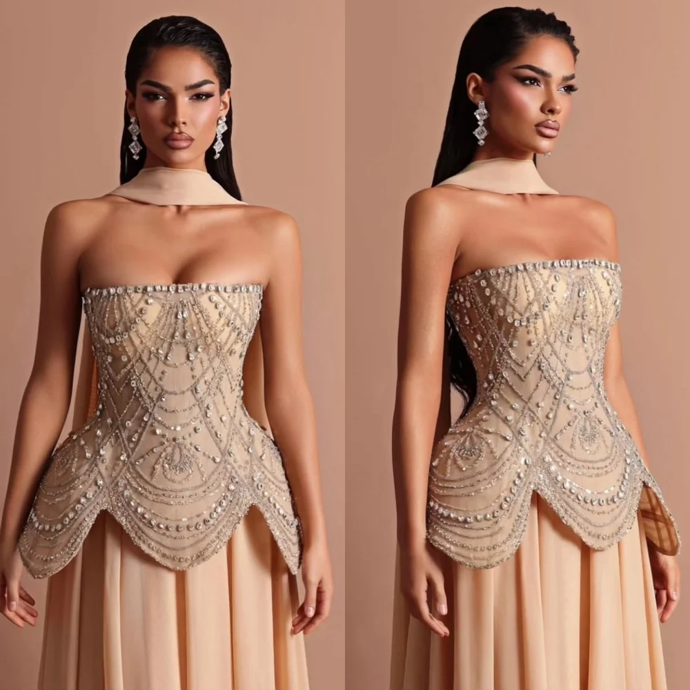 Customized Fashion  Strapless Sleeveless Evening Dress High Quality Chiffon Prom Dresses Delicate Crystal Special Occasion Gowns