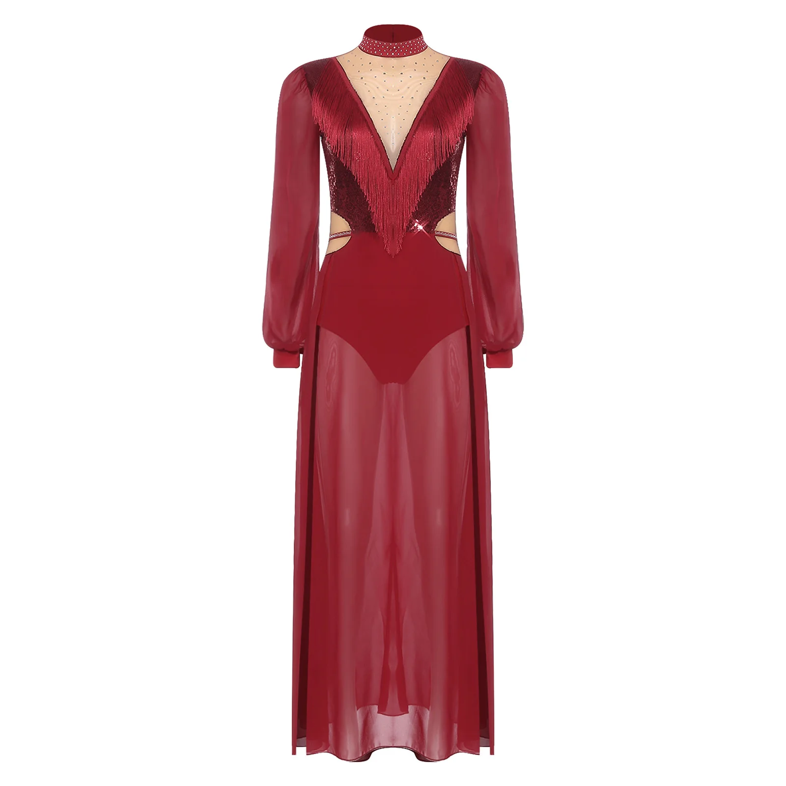 Frauen Bauchtanz Fransenkleid Pailletten Quaste Brust Langarm Body mit Schlitz Chiffon Saum Maxikleid Latin Rumba Dancewear