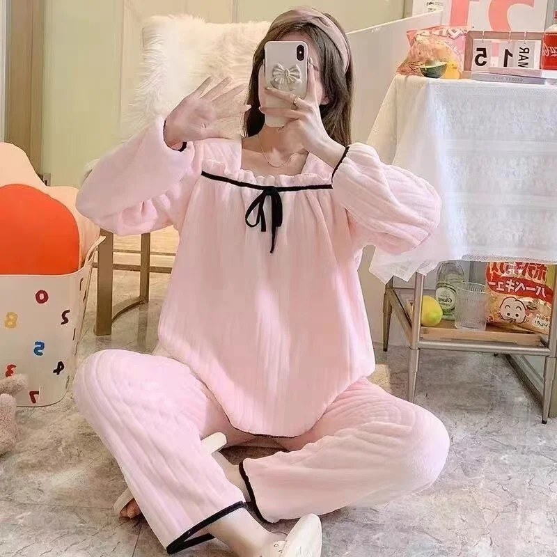 Coral Fleece Pajamas Sets For Women Autumn Winter Thick Warm Sweet Cute Sleepwear Flannel Lounge Wear Homewear Nightie Female