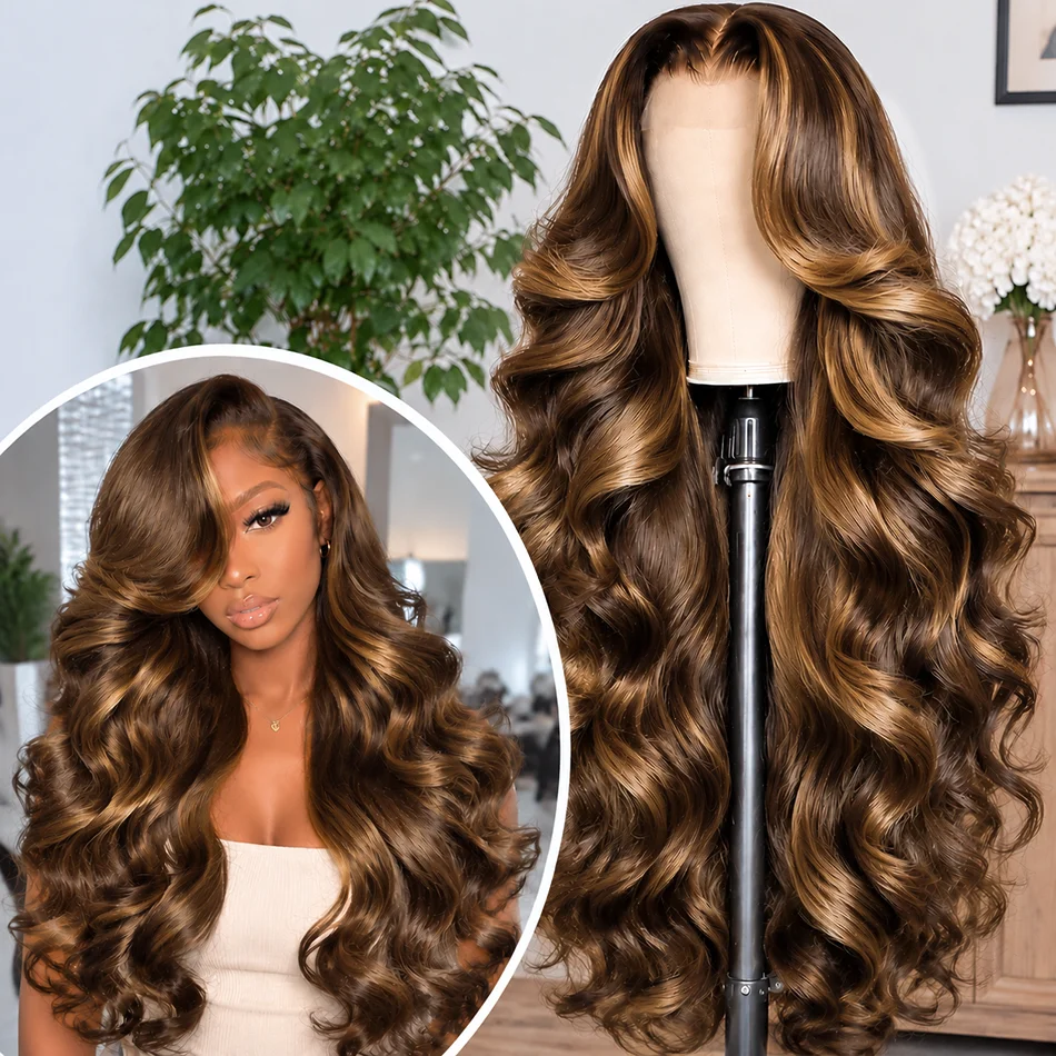 Highlight P4/27 Body Wave 13X6 HD Transparente Lace-Front-Perücke, Honigblond, Ombré, Unsichtbare Perücke aus Echthaar, Vorgezupft mit Babyhaaren, Vorgefärbt für Frauen