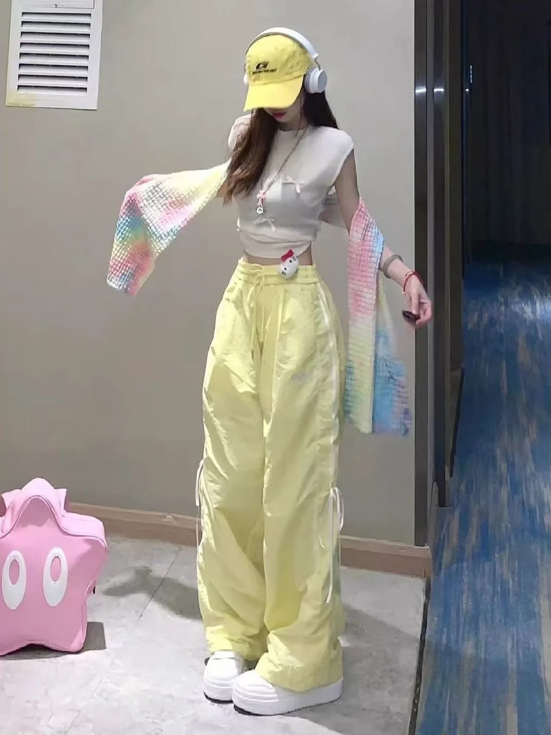 

Американские свободные длинные брюки с завязками, широкие спортивные повседневные брюки для женщин, прямые брюки с высокой талией