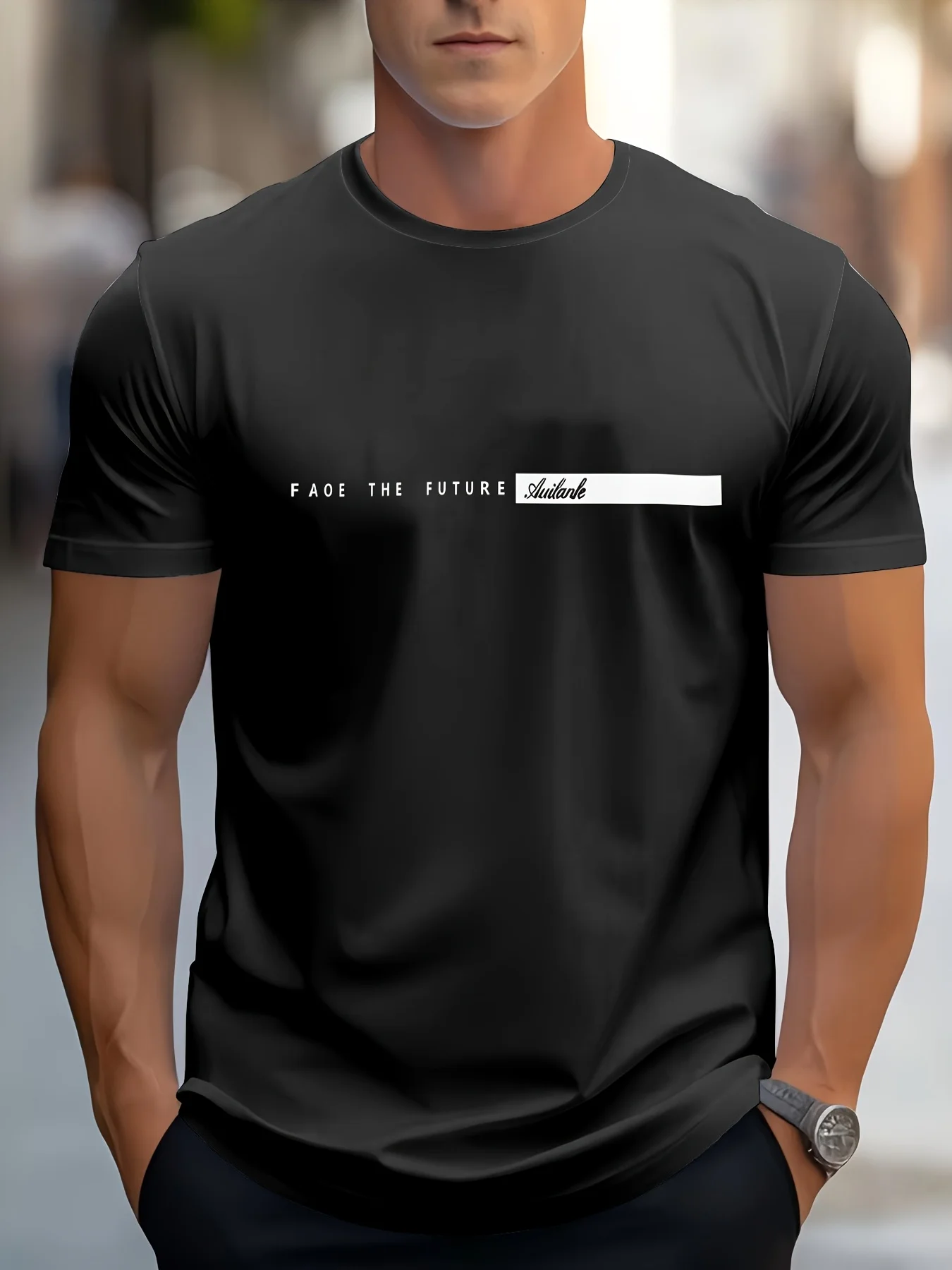 

100% cotton men's casual loose T-shirt breathable and fashionable "facing the future" printed short sleeved round neck top