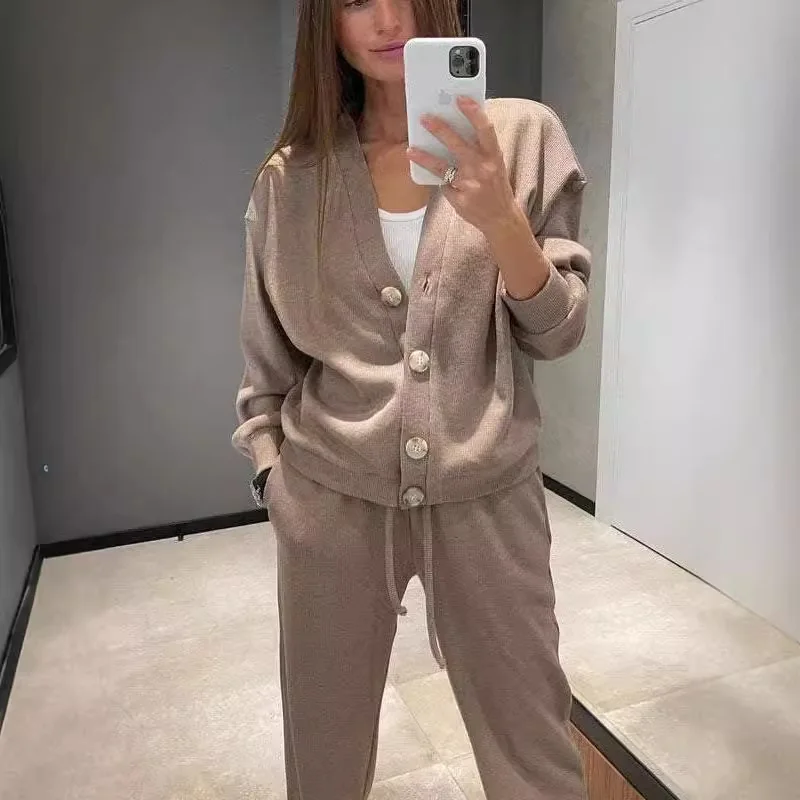 Solid Sports Comforty Casual Two Piece Set Women Spring V Neck Button Top Jacket & Sweatpant Outft Fall Long Sleeve Suit 2024