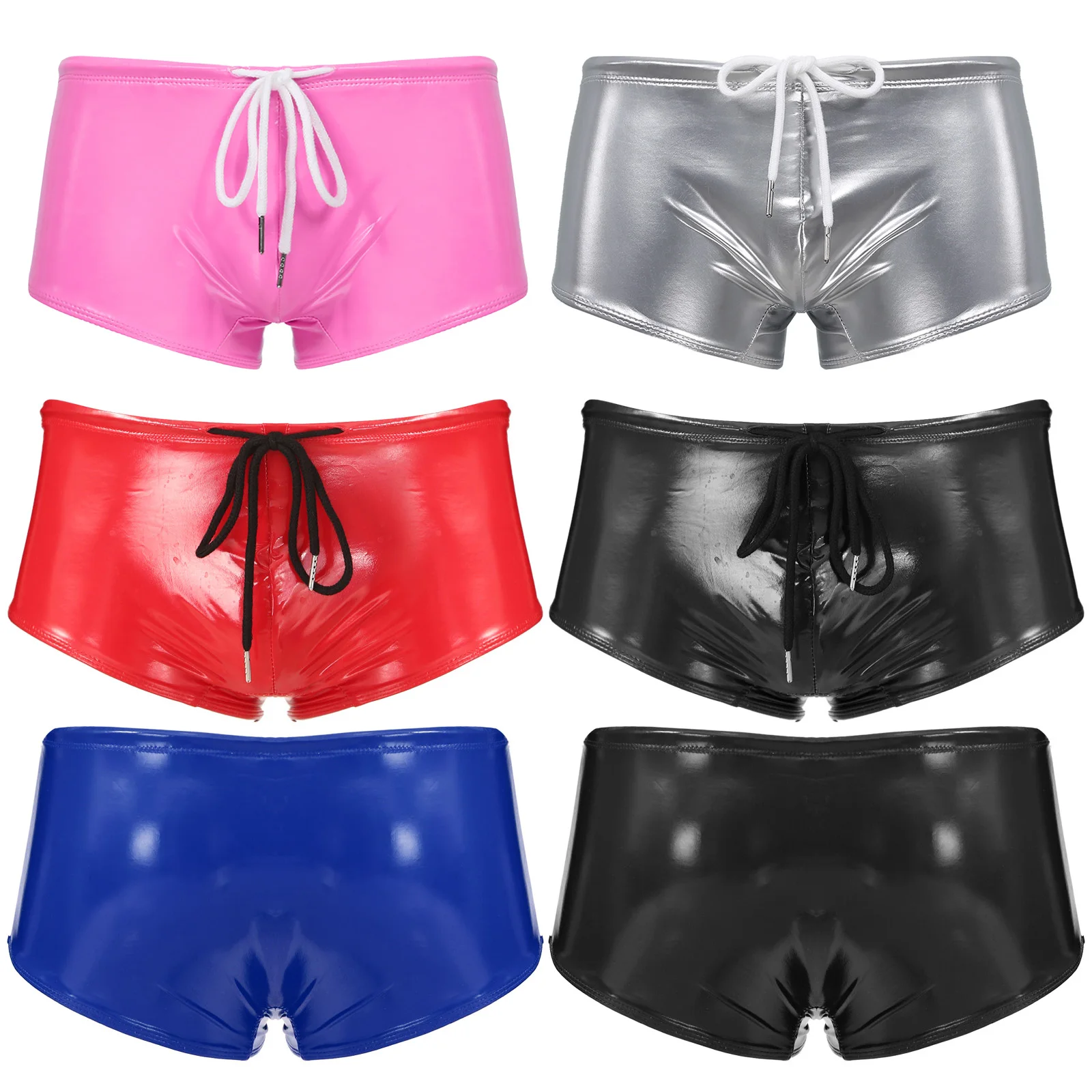 Mens Panties Wet Look Shiny Patent Leather Swimming Trunks Low Rise Bulge Pouch Briefs Drawstring Boxer Shorts Swimwear Clubwear