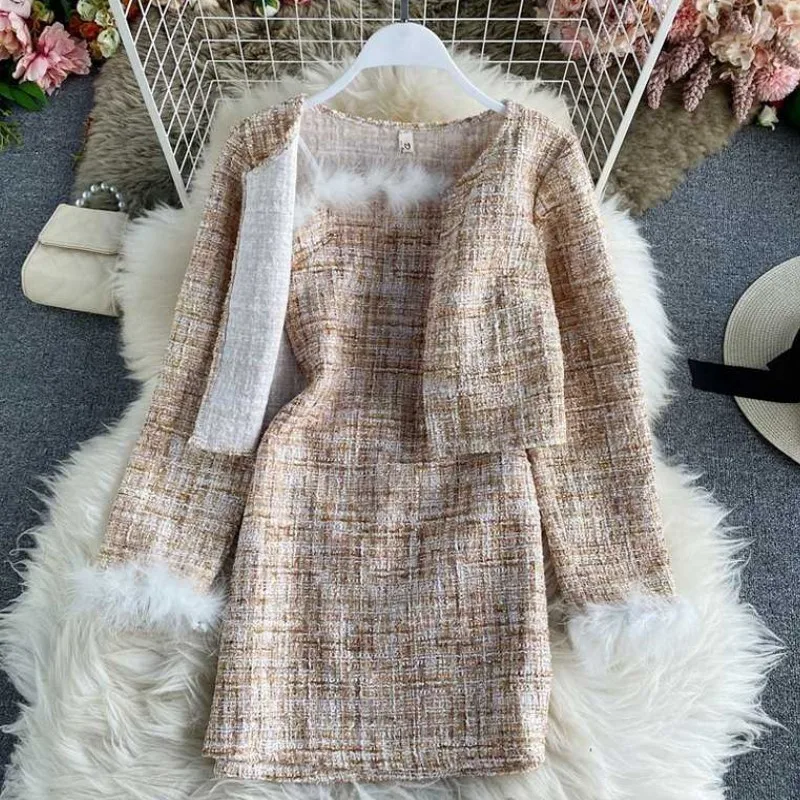 

Women Tweed Fragrant Suit Jacket Coat And Feather Mini Dress Two Piece Set Female Prom Party Jacquard Cloth Vintage 2023 Outfits