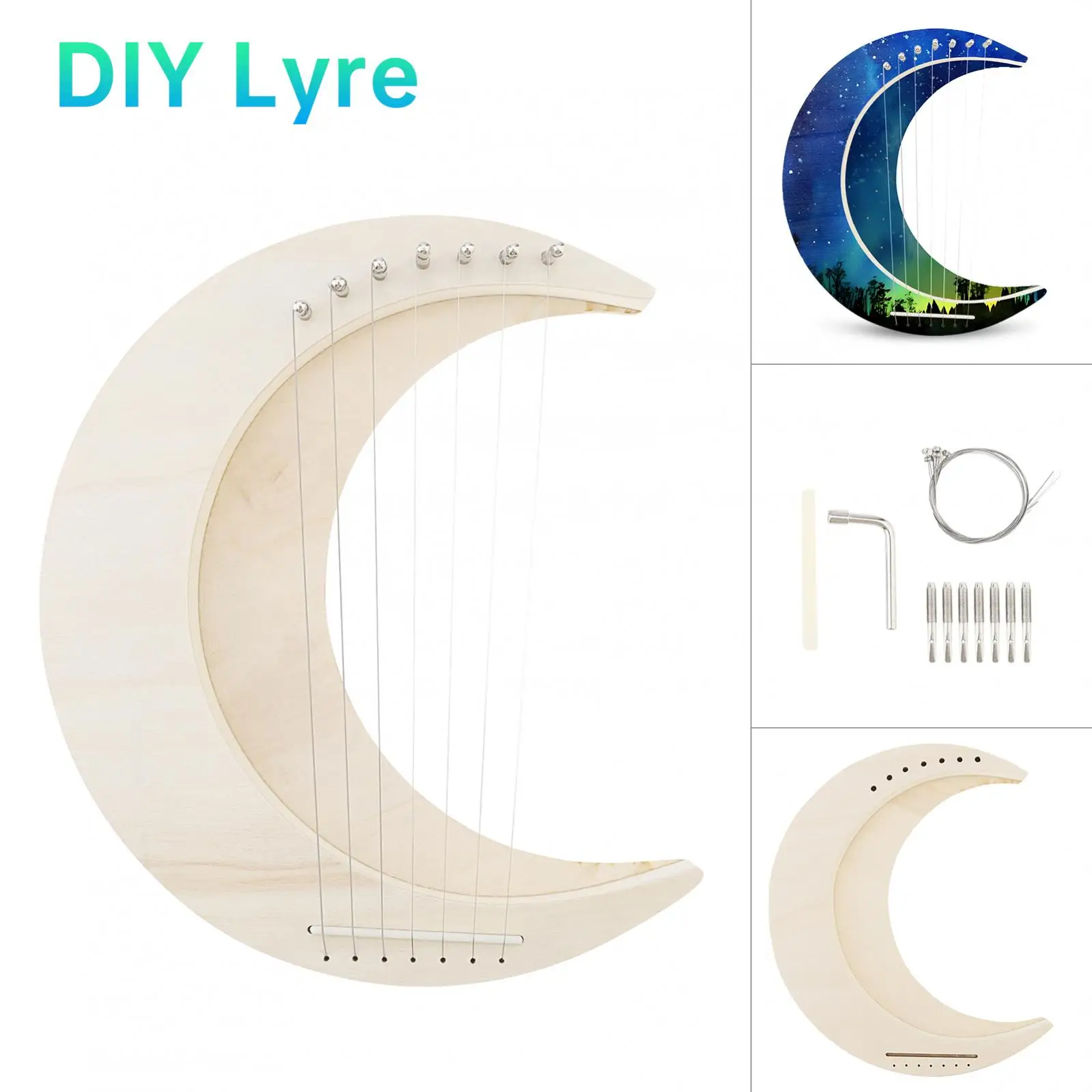 7 Strings Solid Basswood Crescent Moon Lyre Harp DIY Kits for Amateur Beginner Kid Children Fun Toy Art, Handwork Painting Harp