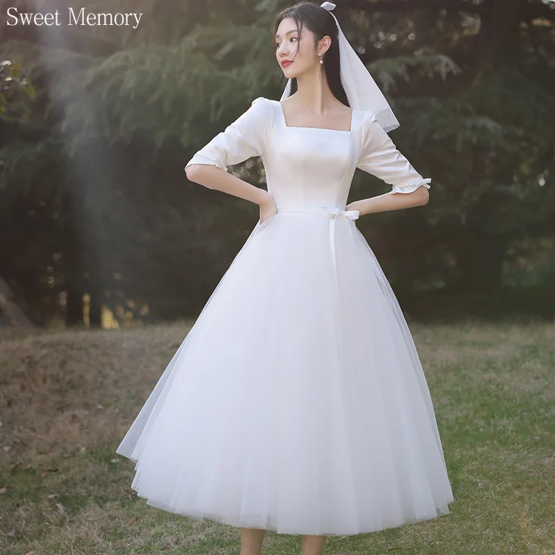 A129-vestido de novia de tul de satén blanco para mujer, vestido de boda con cuello cuadrado, sencillo, Vintage, con cordones, para fiesta de baile y Navidad