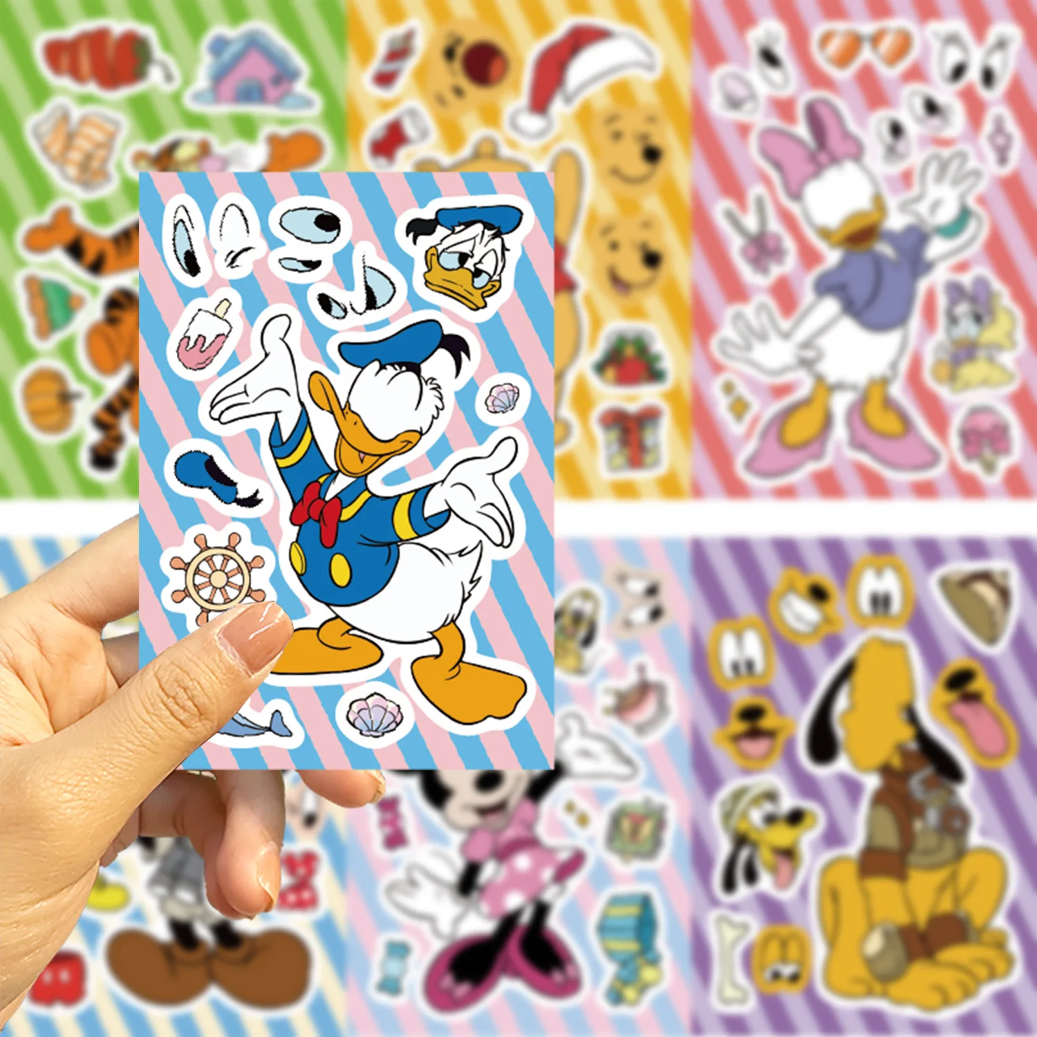 Disney-Mickey Mouse漫画パズルステッカー、DIY、電話、ラップトップ、荷物、スケートボード、落書きステッカー、楽しい、子供向けギフト、8枚、16枚