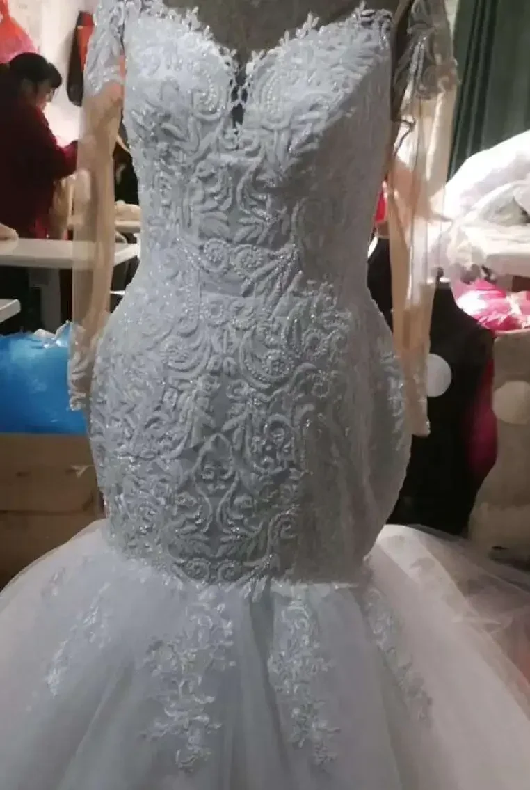 Suknie Ślubne Syrena z Koralikami i Aplikacjami na Zamówienie, Suknia Ślubna Robe De Mariee, Afrykański Gorset z Iluzją na Plecach, Długie Rękawy