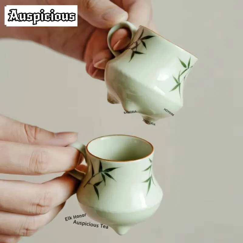 

2pc/lot Pure Hand-painted Green Bamboo Teacup Ladies' Master Handle Cup Personal Tea Bowl Heat-resistant Mug Drinkware Gift 50ML
