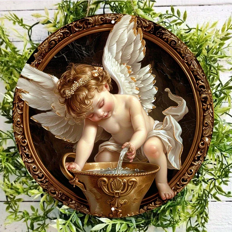 

Cute Little Angel Door Hanger, Aluminum Metal Sign, Wall Art, Wreath Decor, Artist's Drawing Set, 8x8Inch, 20x20cm