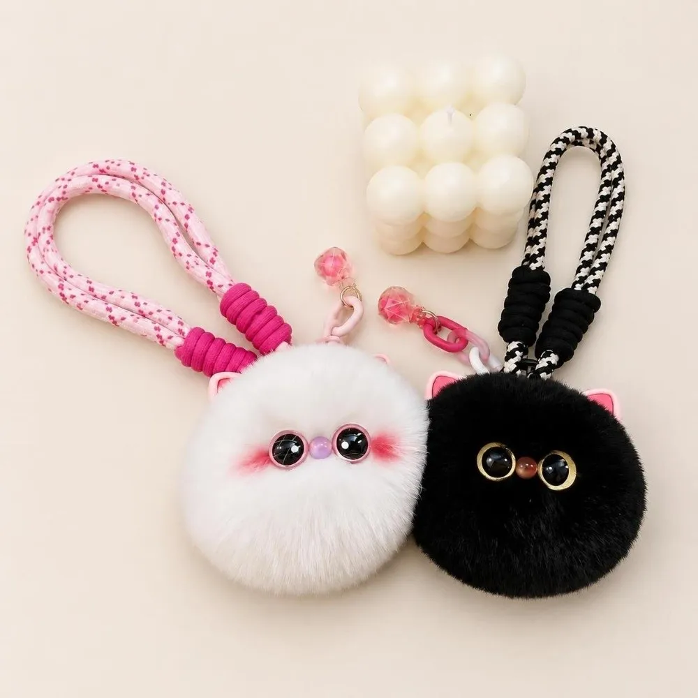 Lovely Soft Faux Fur Cat Keychain Hand Strap Wrist Lanyard Cat Key Ring Cartoon Kitty Bag Pendant For Girls Women