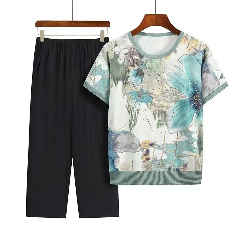 Fdfklak Summer New 2023 Round Neck Floral Mother Dress Printed Two-piece Women Short-sleeved Blouse Loose Casual Suit Pajamas