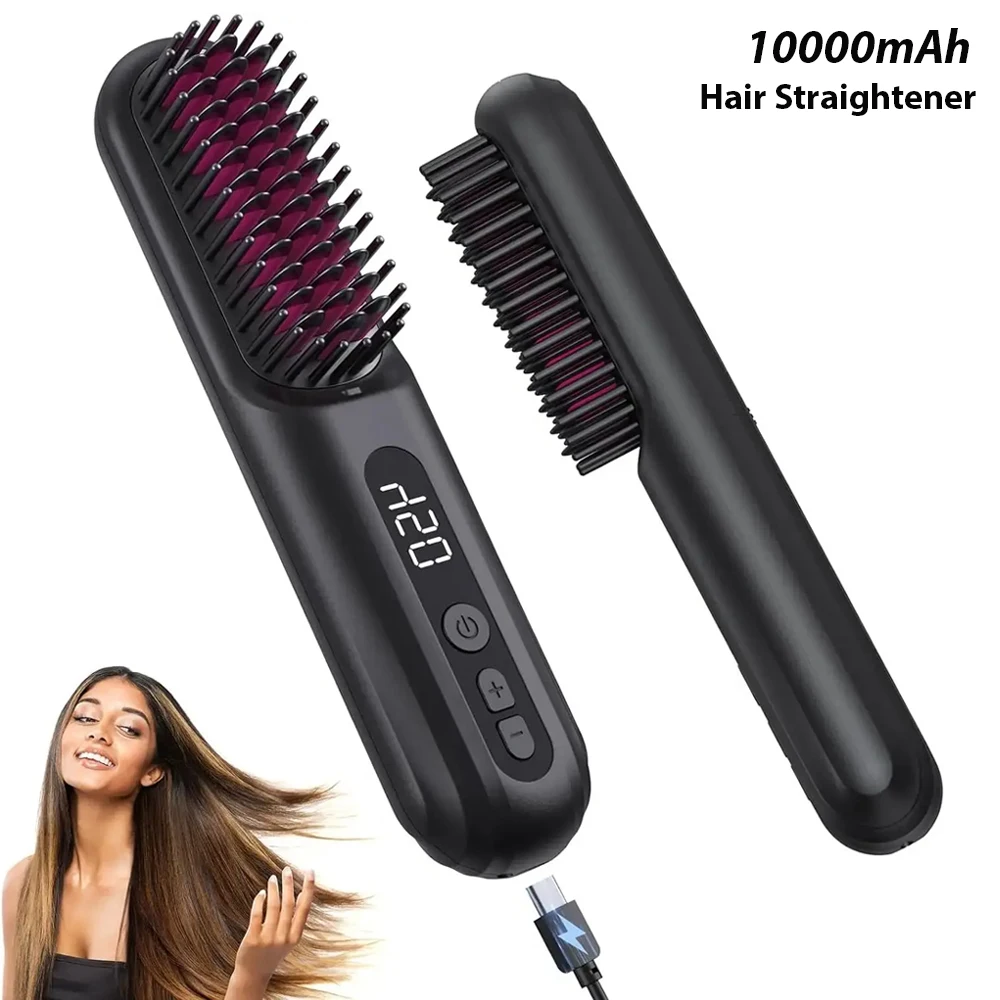 

Cordless Hair Straightener Portable Brush 30s Fast Heating 10000mAh Rechargeable 300 Million Negative Ions Straightening Comb