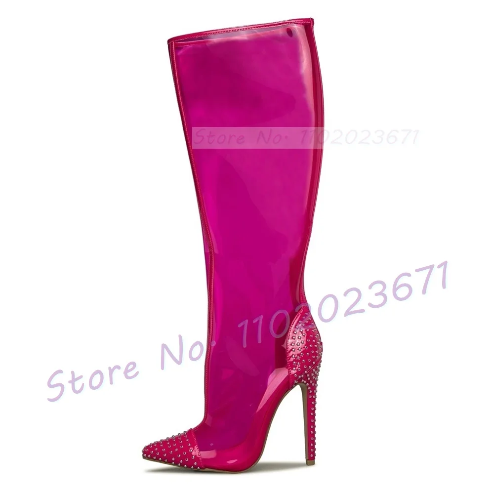 Pink Pvc Pointy Knee High Boots Female Sewing Crystal Patchwork Toe High Heels Shoes Women Punk Spring Party Long Side-zip Boots