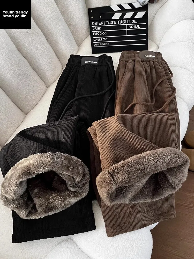 

Ultra-Thick Lamb Velvet Men's Winter Pants Fleece-Lined Casual Sweatpants Retro Style Loose Fit Wide Leg Pants Warm Antifreeze