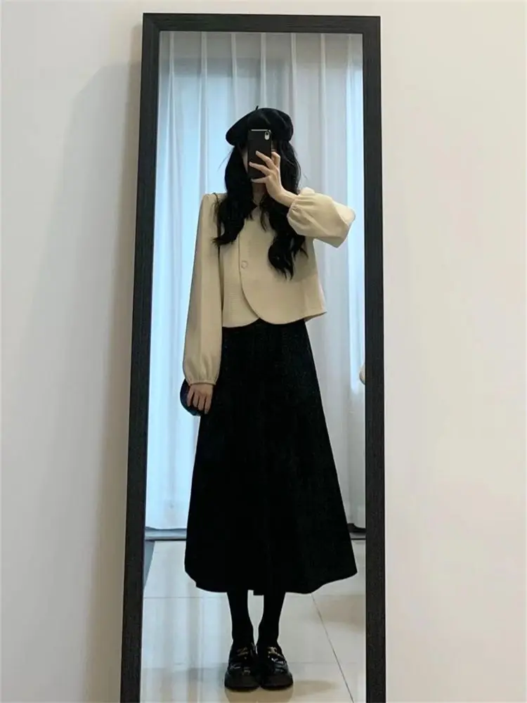 

2023 New Autumn Winter Fashion Women Minimalist Set Lantern Sleeves Small Fragrant Coat Casual Loose Elastic Waist A-Line Skirts