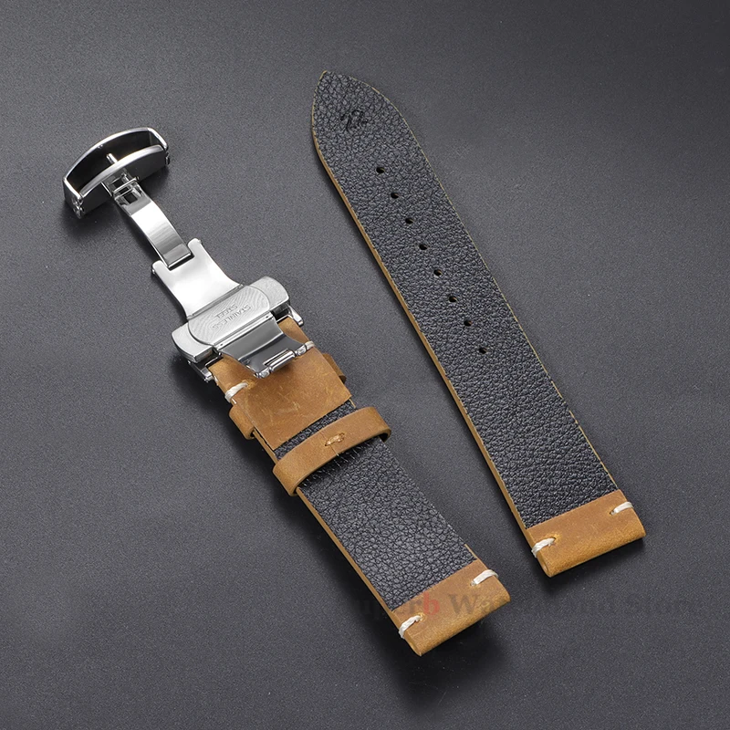 Tali Kulit Sapi Jahitan untuk Omega 18/19/20/21/22/24Mm untuk Gelang Tangan Tali Jam Tangan Kulit Antik untuk Gesper Kupu-kupu Seiko