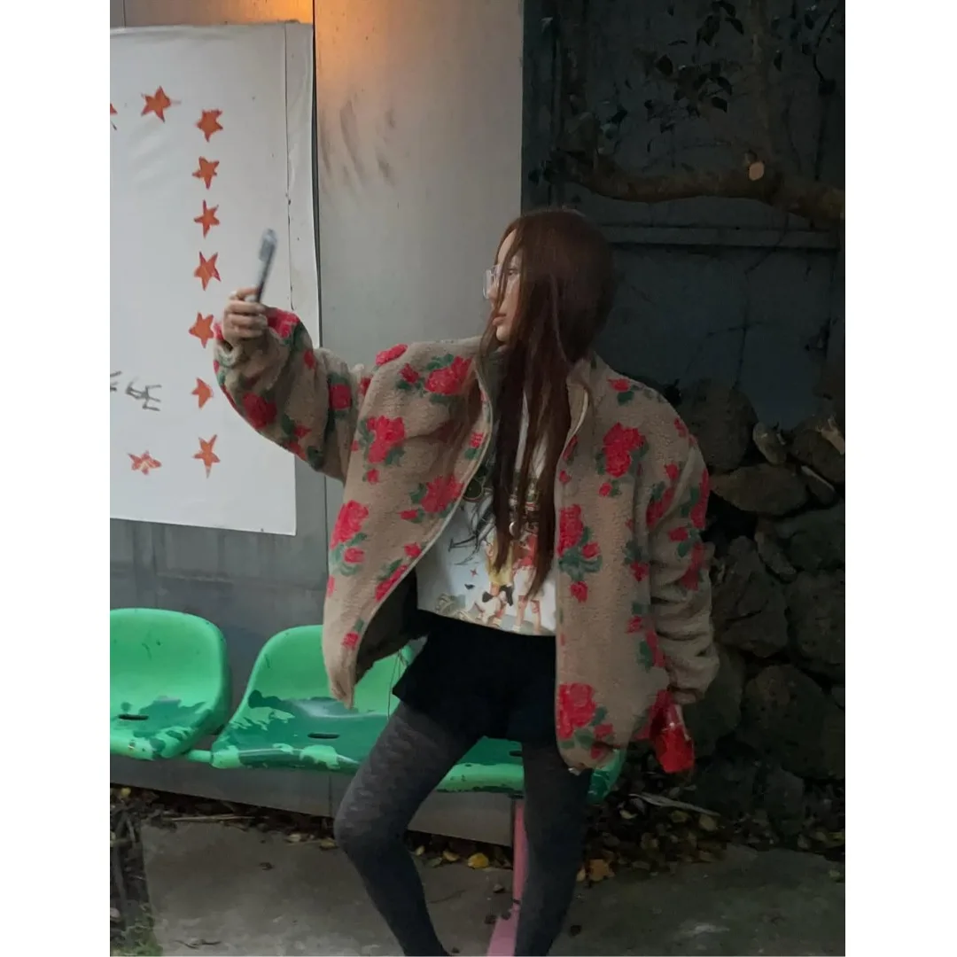 양털 프린트 코튼 혼방 여성용 스웨터 코트 봄 가을 겨울 캐주얼 야외 활동용