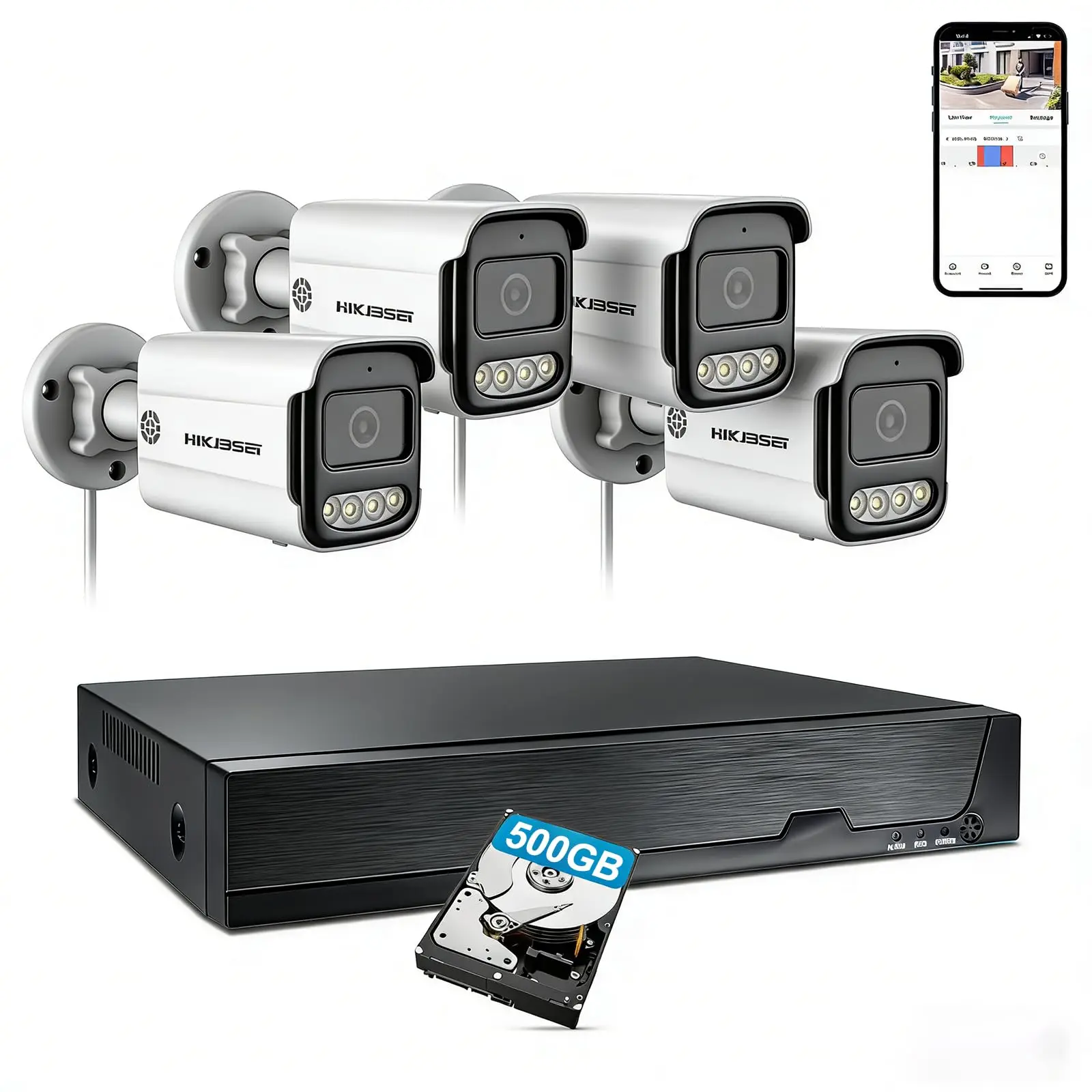 8CH 5MP Home Security Camera System, 4 X PoE IP Cameras with Person Detection, 500GB HDD for 24/7 Recording, Two-Way Audio, 100ft Night Vision, IP66 Weatherproof, No Monthly Fees