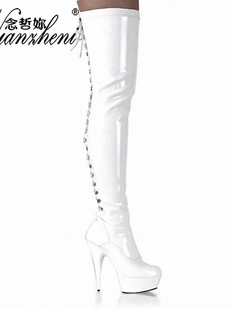 6 Inch Stripper Heels Red Gothic Lace Up High Crossdress Over The Knee Boots 15CM Thick Sexy Pole Dance Shoes Big Size Women