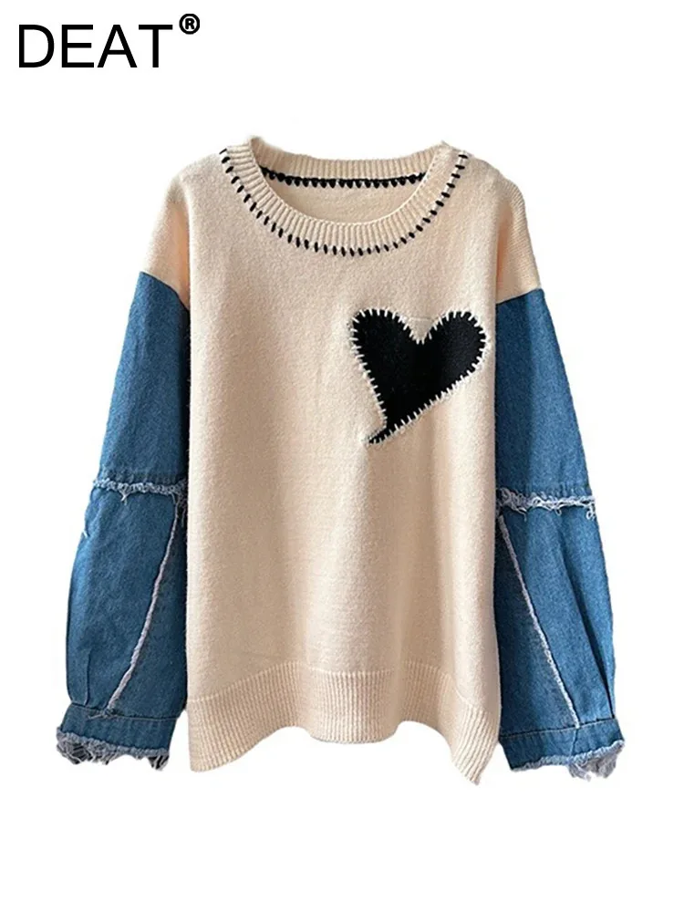 DEAT Women\'s Sweater Knitted Spliced Heart Loose Patchwork Fake 2 Pcs Burrs Edge Pullover Autumn 2024 New Fashion 29L8327