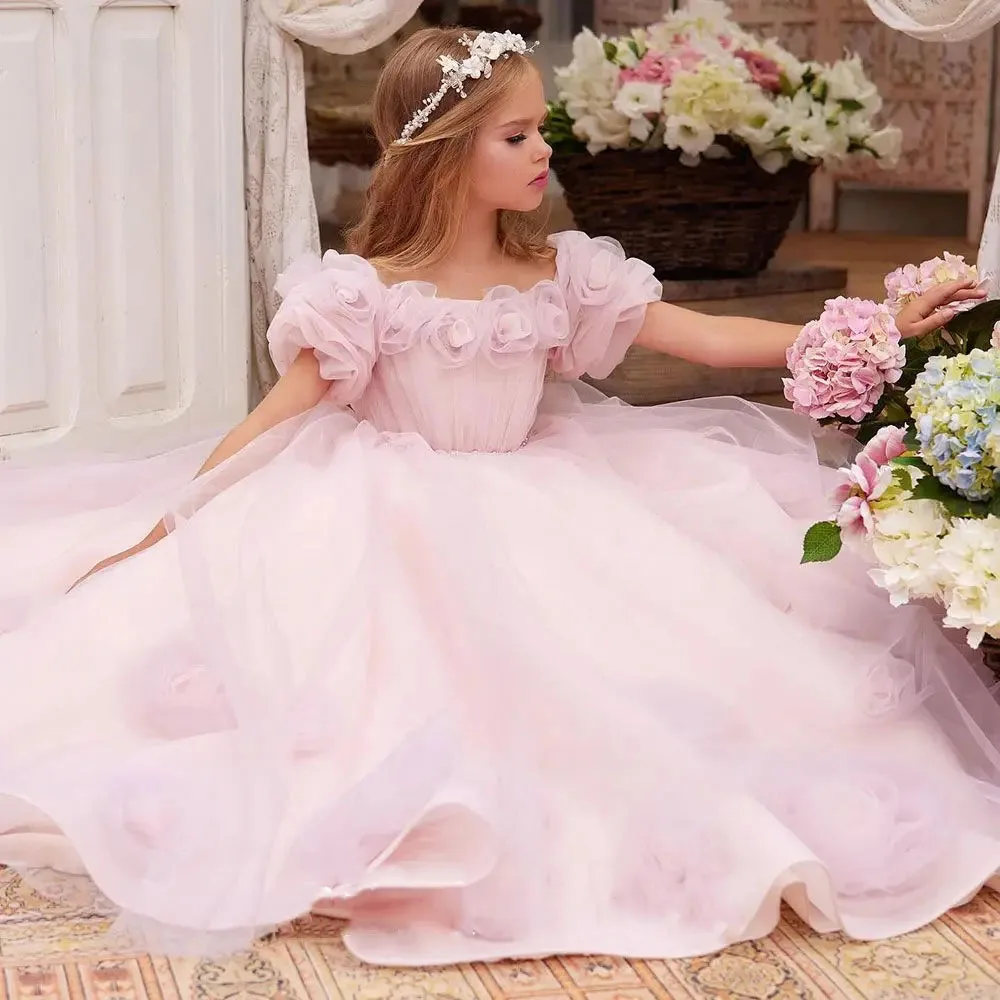 Abito da ragazza di fiori per matrimonio Tulle Applique Perline Soffice lunghezza del pavimento Elegante bambino Primo compleanno eucaristico Abiti da festa