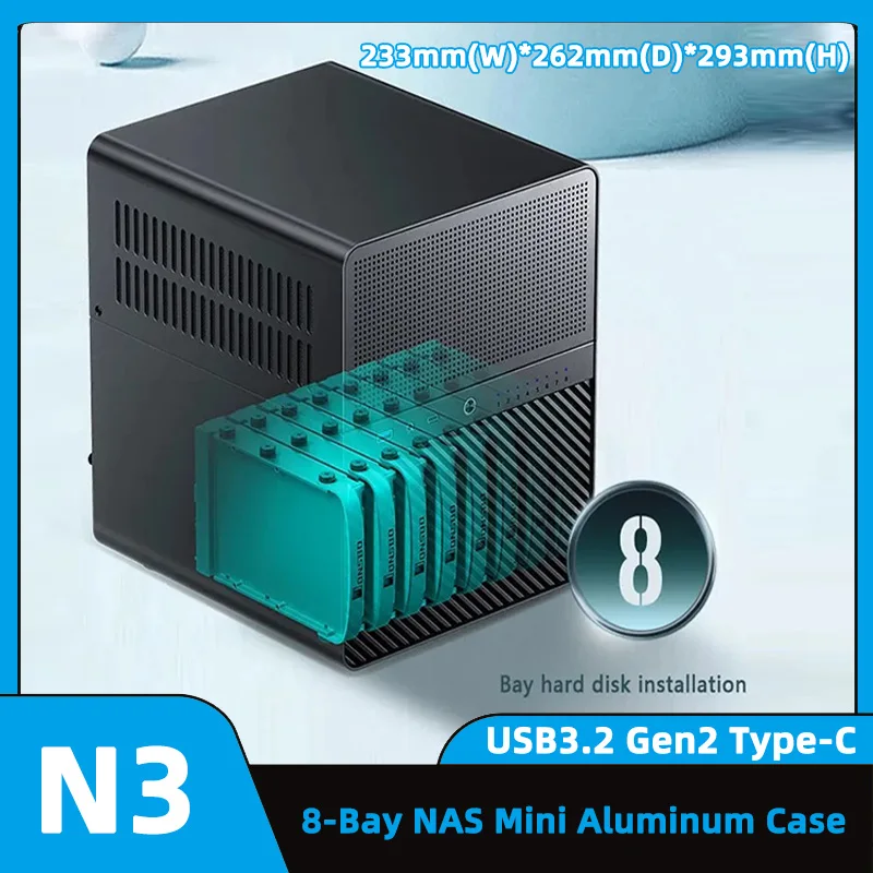 JONSBO N3 Mini Case All-In-One Aluminum ITX Chassis 8Hard Disk NAS Office Desktop Mini Chassis PC Case with 100mm Cooling Fan