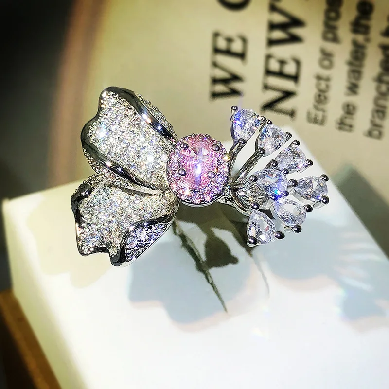 

NEW Exaggerated Irregular Flowers Pink Heart Full Of Diamond Couple Ring For Women Opening Adjustable Anniversary Gift Jewelry