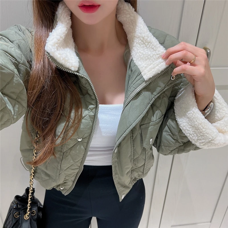 Korean Style Short Lamb Velvet Splice Cotton Jacket Women's Stand Collar Loose Slimming Thickened Warm Diamond Pattern Jacket...