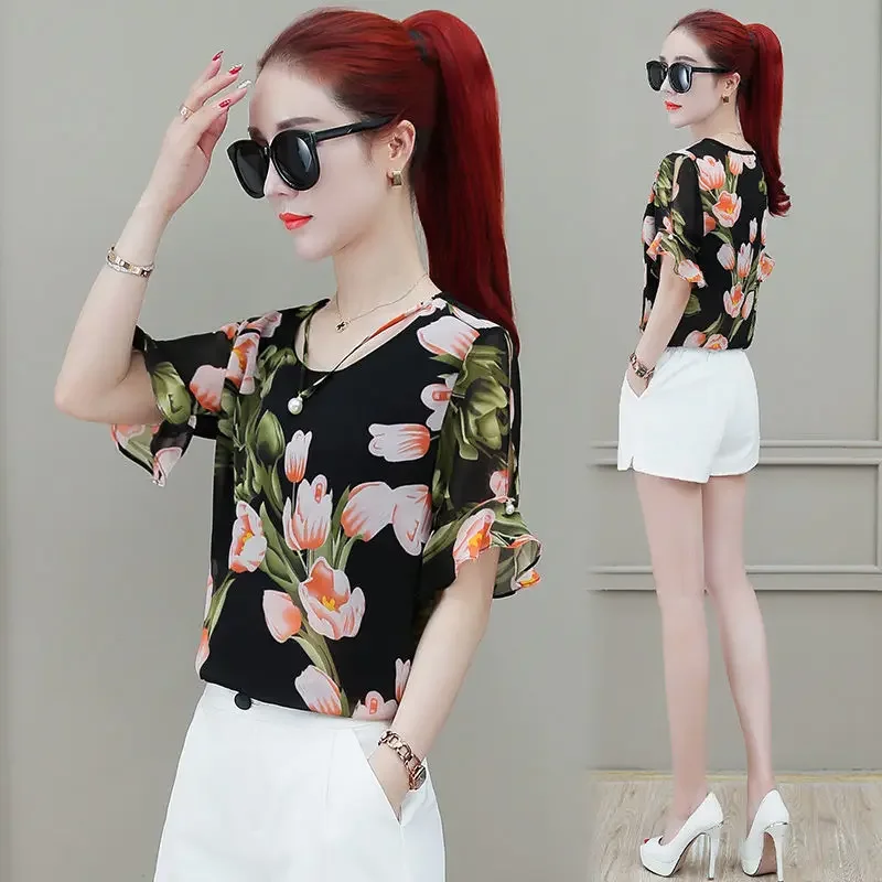 

Шифоновая рубашка с цветочным принтом, женская блузка с короткими рукавами, летняя новая корейская свободная модная нижняя рубашка M-4XL