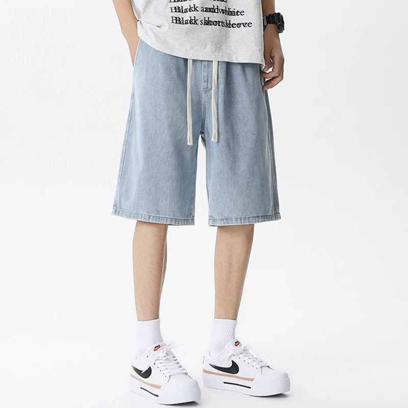 KIDWHXR Man Shorts Summer Thin Elastic Waist Drawstring Men Denim Shorts American Loose Straight Blue Casual Male Jeans Short