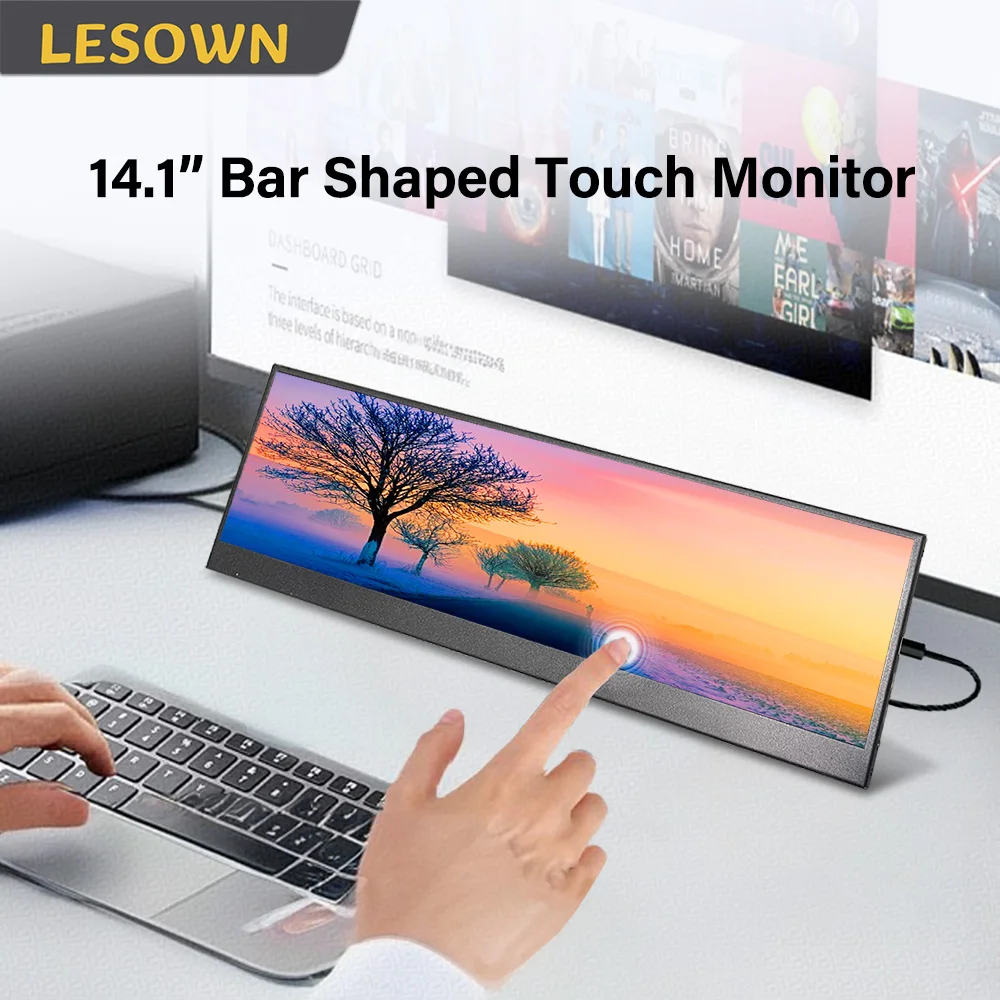 

Портативный монитор LESOWN USB-C 14,1 дюйма, 1920x550, ультраширокий дисплей, Plug & Play, расширенный монитор для ноутбука