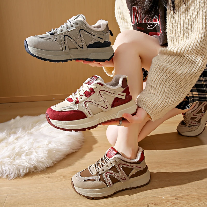 Chaussures de dehors Chaudes avec Fourrure à l'Intérieur pour Femme, Baskets Confortables pour la Marche, la Course à Pied, l'Extérieur, la Neige, l'Hiver