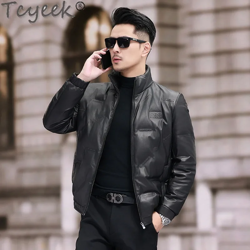 Tcyeek Sheepskin Genuine Leather Jacket Men Winter Jackets Warm White Duck Down Coat Mens Clothing Stand Collar Jaqueta Couro