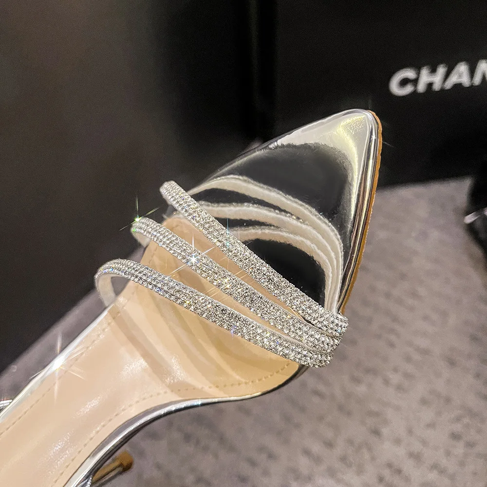 CHMURY Bling Sliver Crystal Rhinestone Narrow Bands Slingback Summer Sandals Women 8cm Thin Heels Bride Wedding Shoes Lady