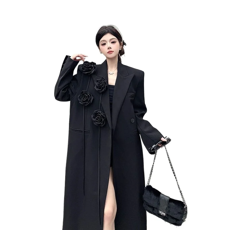 

Черная длинная куртка, женский плащ, осенне-зимнее новое свободное пальто, ветровка с объемным цветком