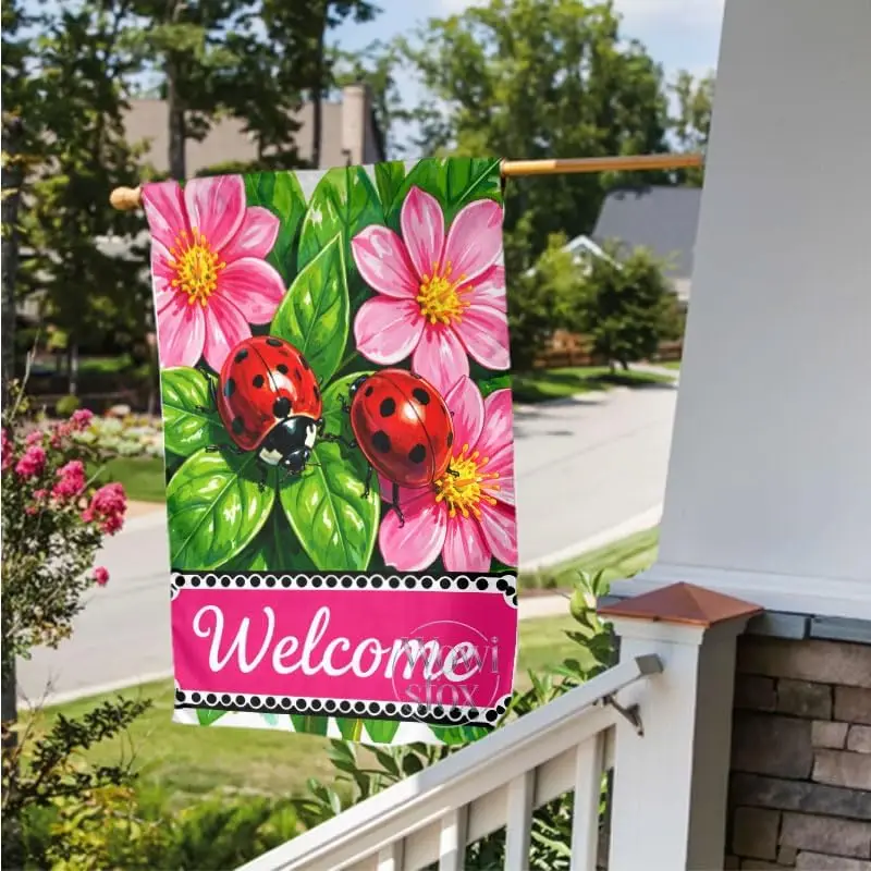 Ladybug Pink Flower Garden Flag 12×18in Double Sided Red Insect Theme for Spring Summer Outdoor Yard Welcome Decor IIC