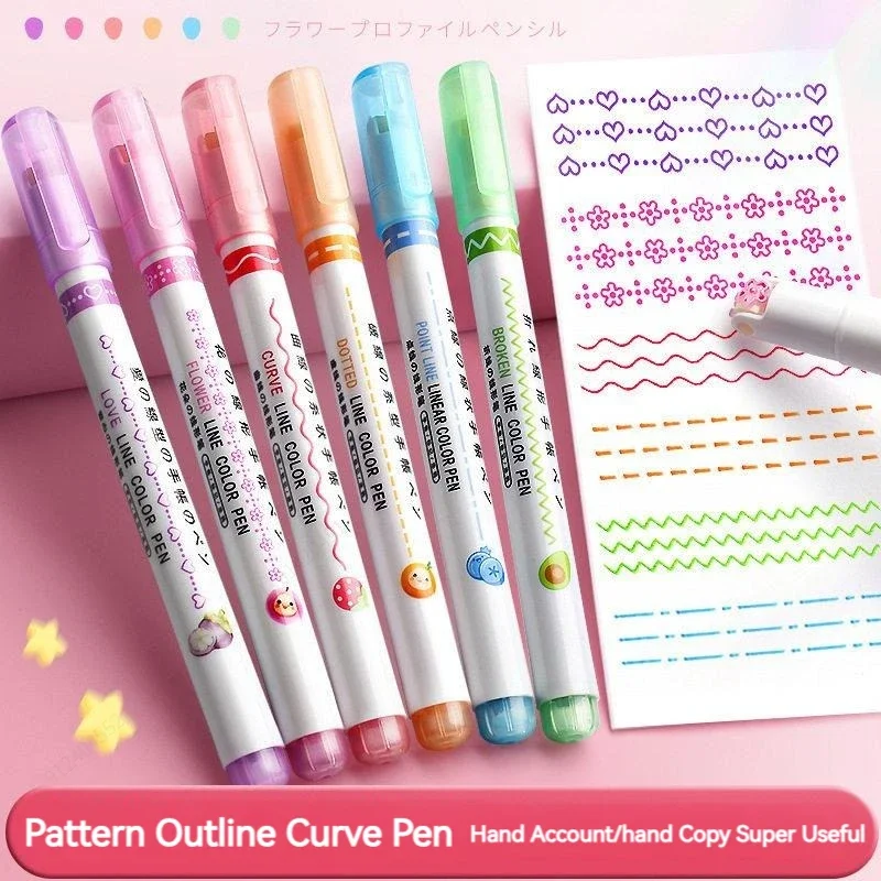 6PCS Flower Shape Curve Pens, Roller Tip Wave Highlighter Markers, Kawaii Korean Stationery for Scrapbook Journal School Gift