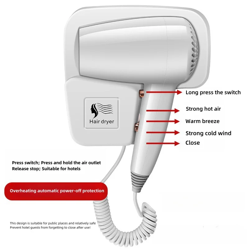 Secador de cabelo montado na parede não perfurado 2025 com alta potência, secagem rápida, luz azul, cuidados com os cabelos para hotéis/famílio a casa/hotéis