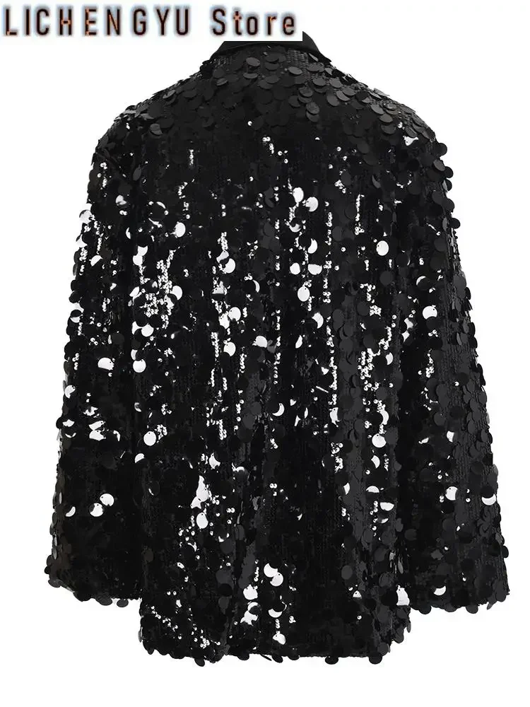 Black Sequins Shining Big Size Casual Jacket Lapel Long Sleeve Women Coat Fashion Tide Spring Autumn