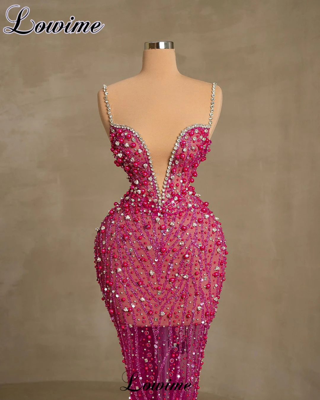 New Fuchsia Illusion Evening Dresses With Pearls Mermaid Spaghetti Sexy Prom Party Dresses With Feathers Vestidos Para Mujer