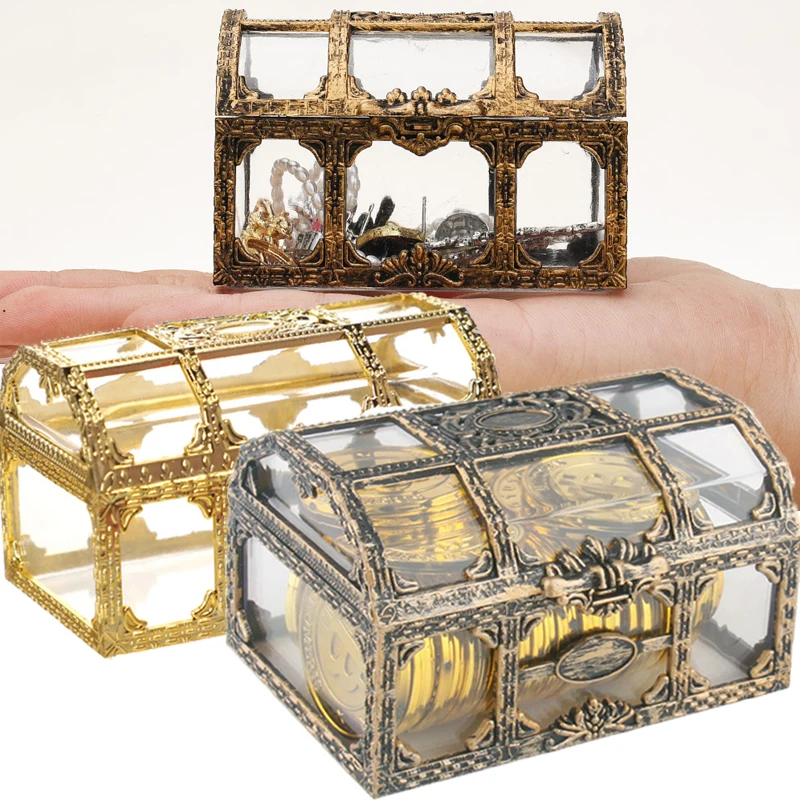 New Vintage Gold Coin Case Treasure Chest Jewelry Boxes Pirate Women Ring Earrings Storage Clear Display Box Storage Organizer