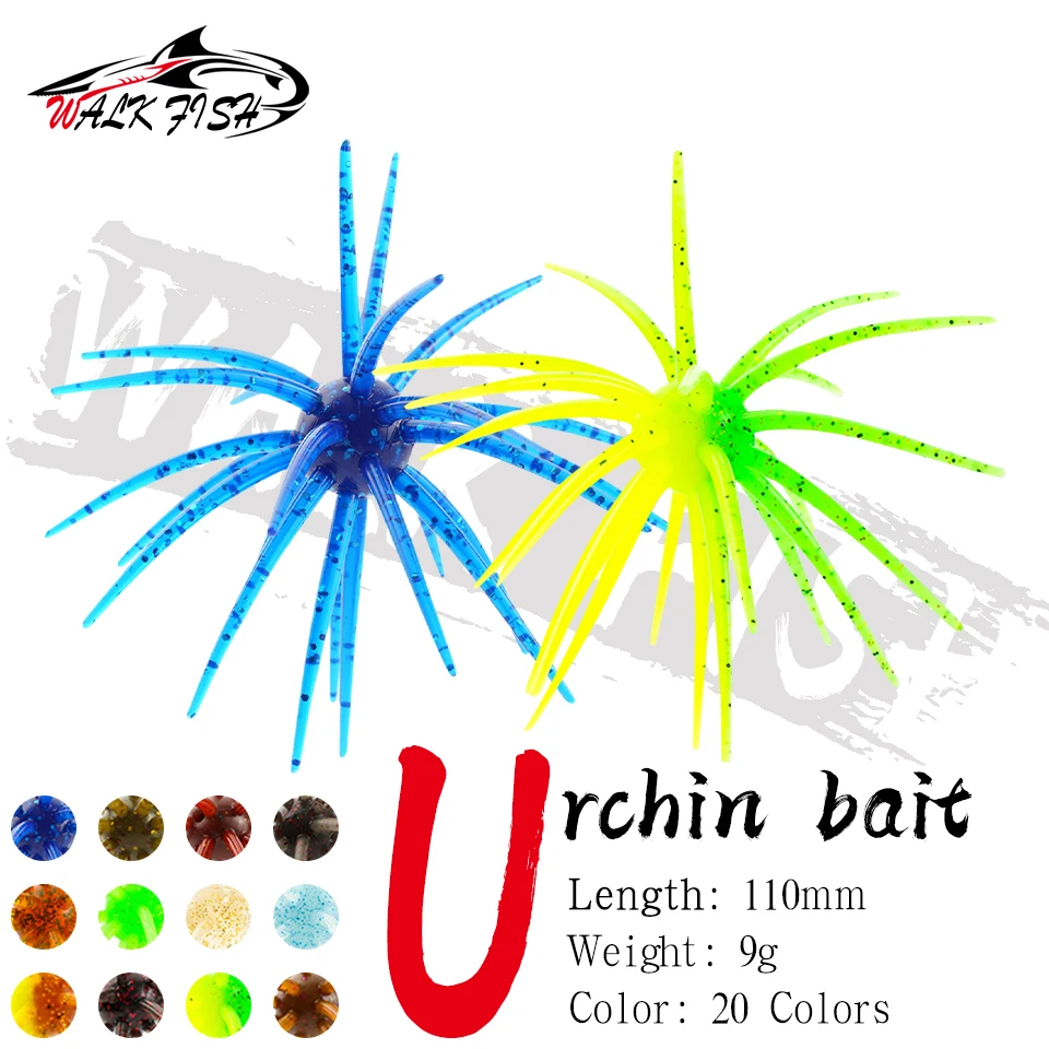 WALK FISH 3 piezas 110mm 9g Señuelo de pesca de erizo de mar, cebo blando de TPE, cebo de silicona para plato, lubina, trucha, mandarina, tilapia, agua dulce