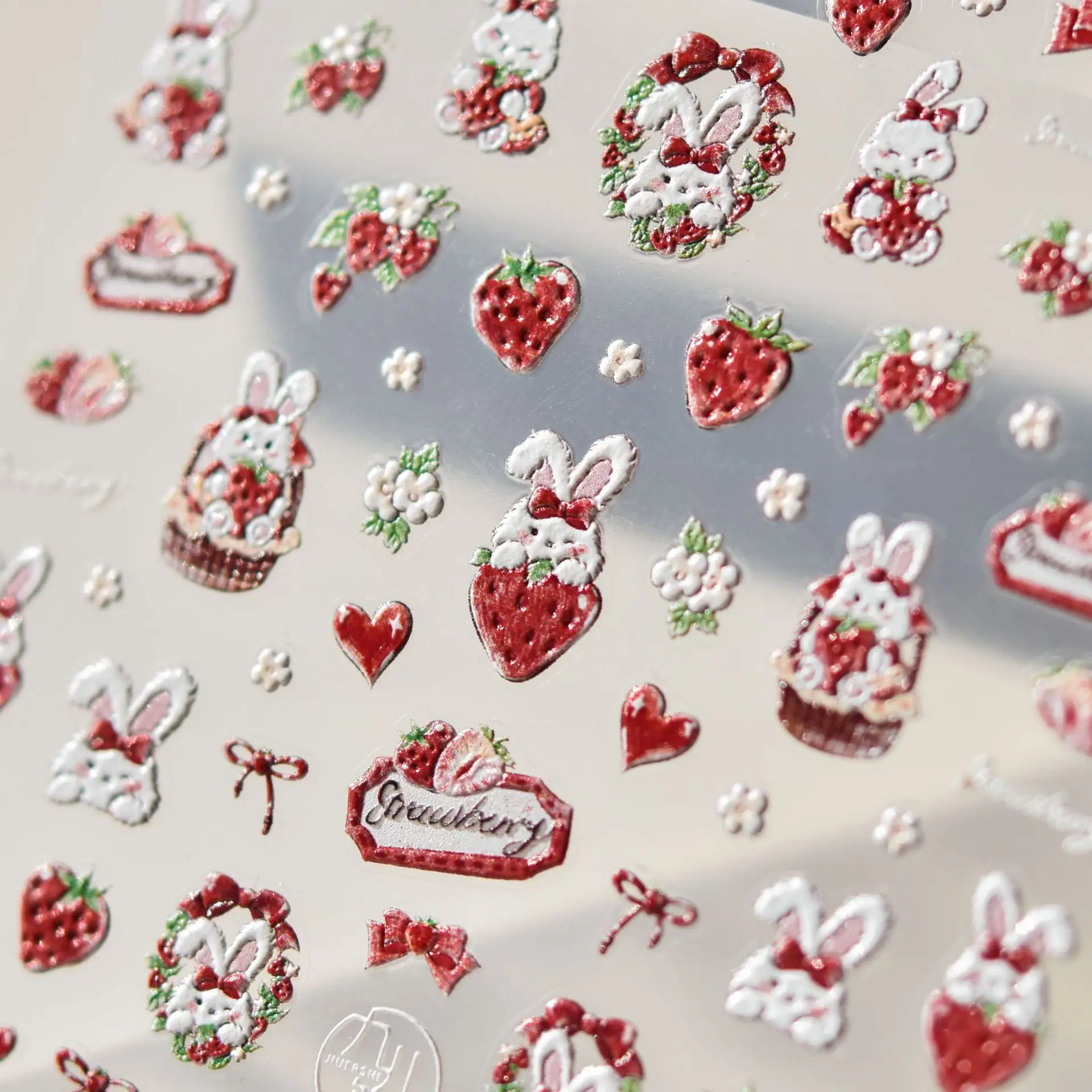 5D Relief Red Strawberry Lovely White Little Rabbit Bow Floret Adhesive Nail Art Stickers Decals Manicure Ornaments Suppliers