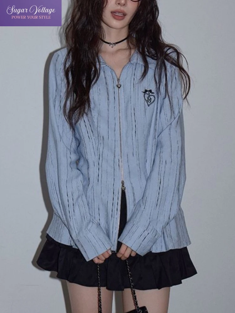 

Fashion Blue Double Zipper Shirt Women Autumn New Design Long Sleeve Loose Fit Top Elegant Casual Minimalist Chic Blouse 2025